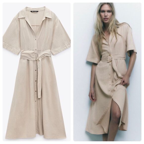 Zara Linen Blend Shirt Dress New - Picture 1 of 8